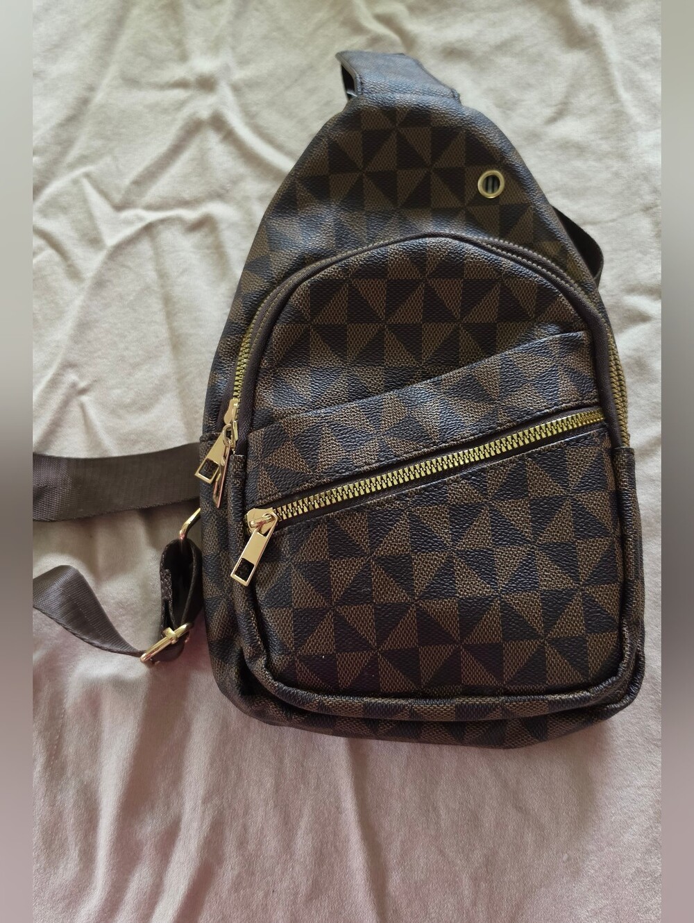 Brown Geometric Crossbody Sling Bag with Gold Hardware